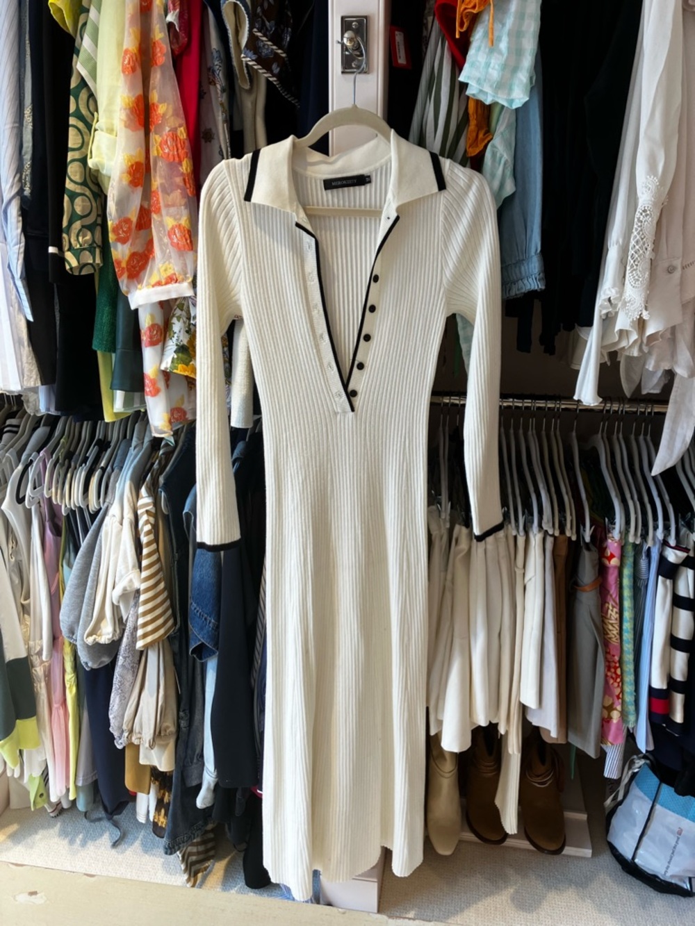 Ribbed Polo Midi Dress with Contrast Trim - White